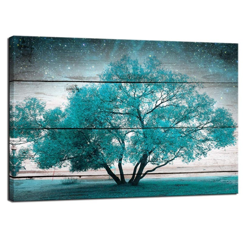 LevvArts - Canvas Prints Wall Art Teal Tree on Vintage Wood Style Wall Decor Modern Landscape Pictures for Living Room Bedroom Office Decor Stretched and Framed Artwork Ready to Hang - Image 1